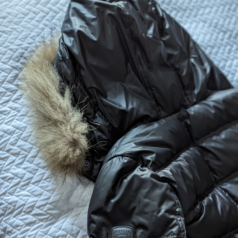 Amazing Rudsak black down filled puffer with fur trimmed hood.
